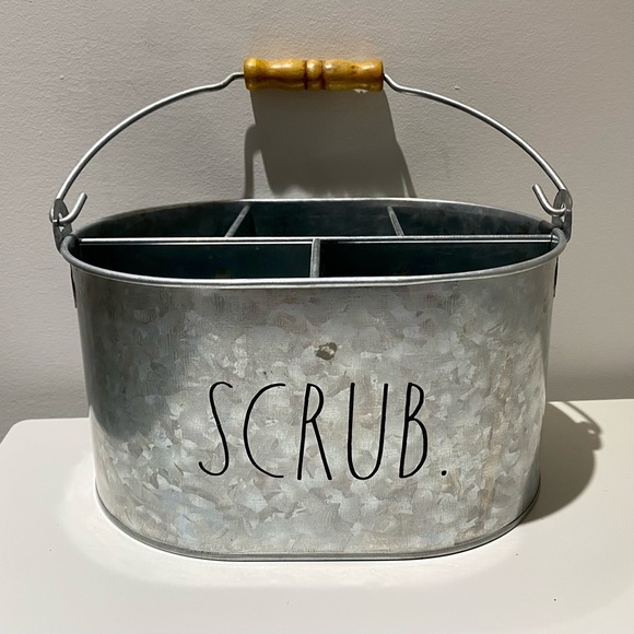 Rae Dunn “SCRUB” Galvanized Cleaning Caddy/Organizer w/Wood Handle - Picture 1 of 4